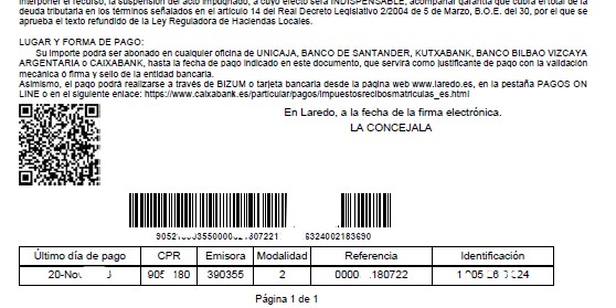 Ejemplo de documento de pago con c&oacute;digo de barras y casillas de CPR, emisora, modalidad, referencia e identificaci&oacute;n